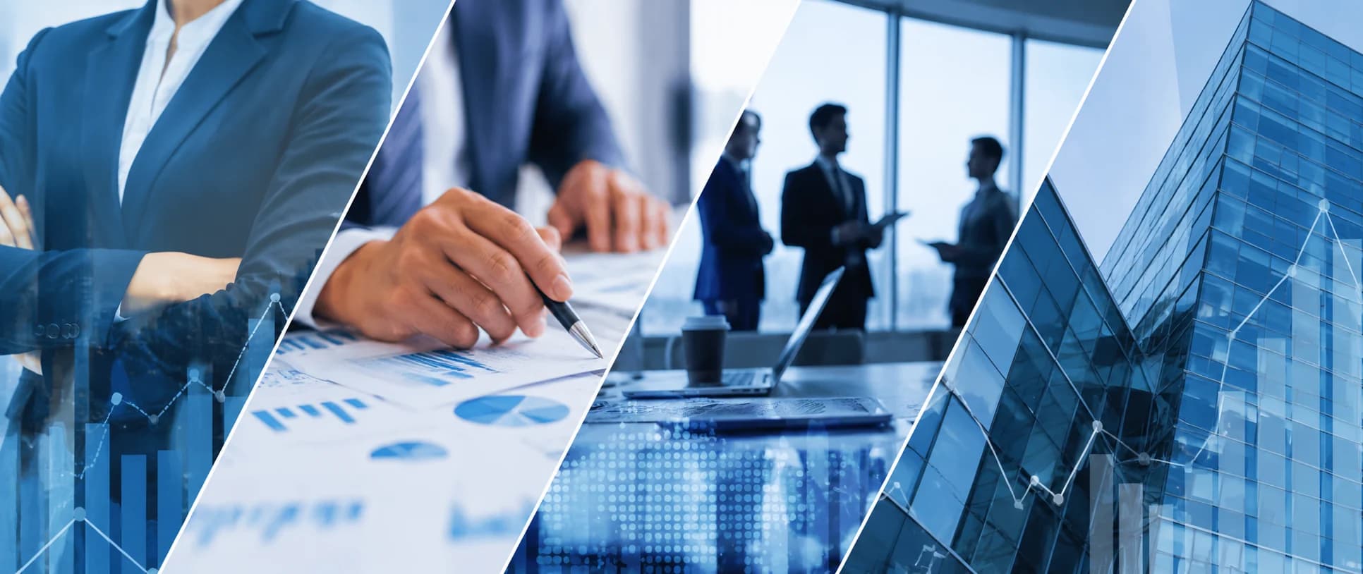 Business professionals, financial charts, and a corporate skyline