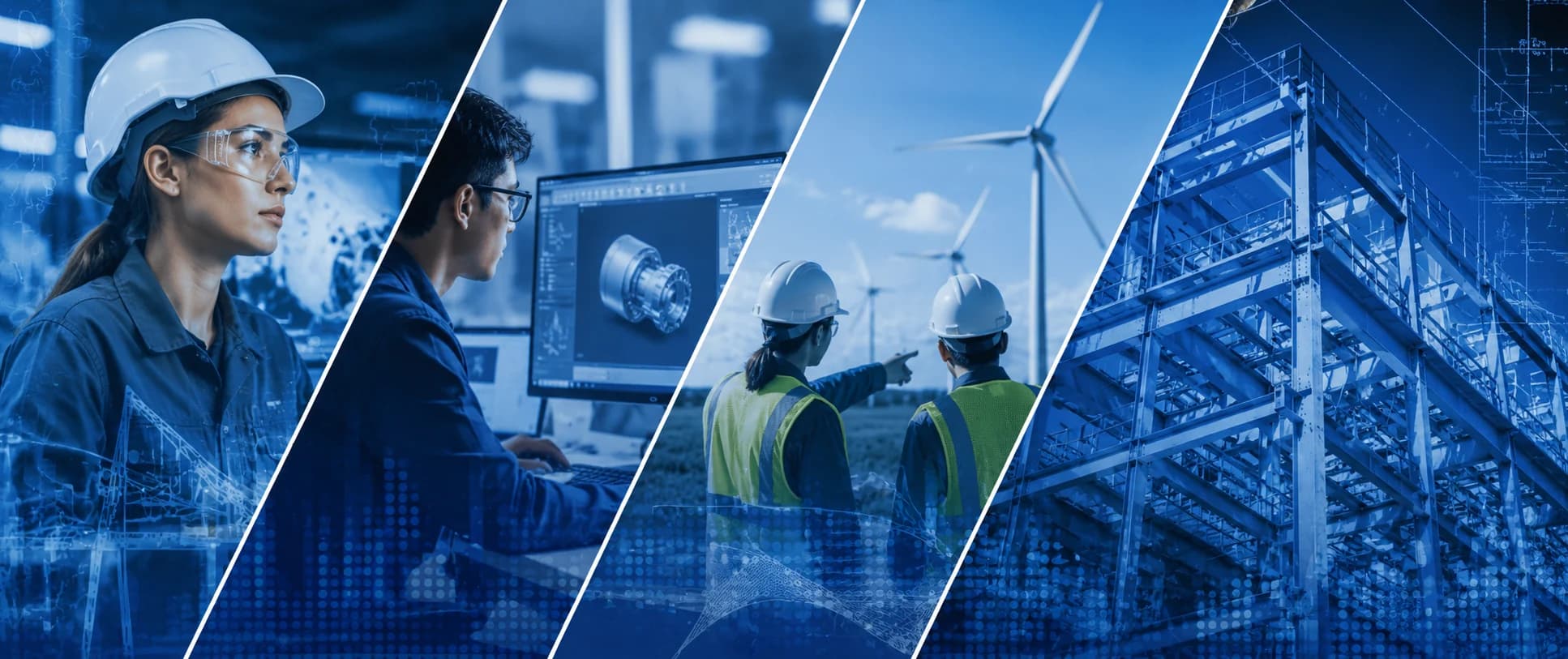 Engineers in hard hats, a CAD workstation, wind turbines, and steel structural framework