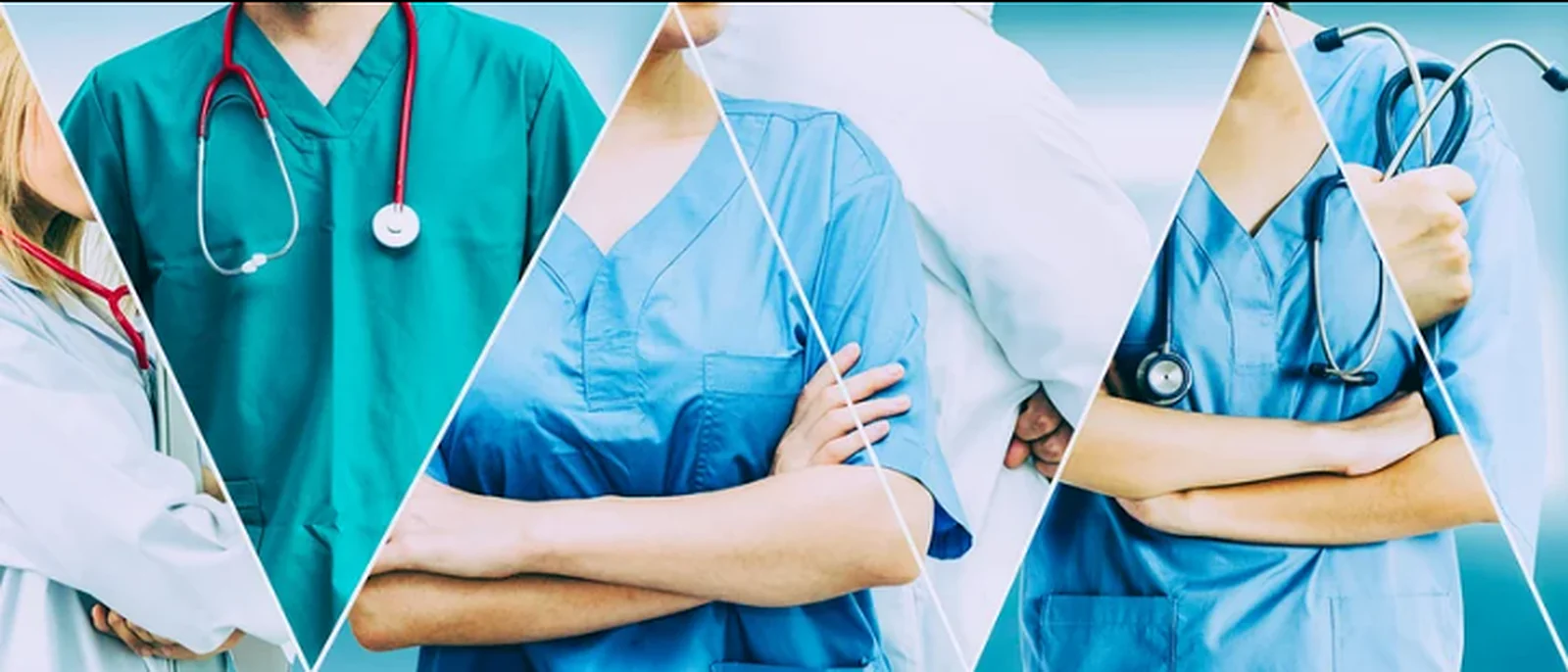 Nurses and clinicians in scrubs with stethoscopes